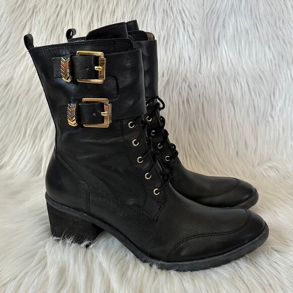 Donald J. Pliner Shoes - Donald Pliner Danti Combat Boots Leather Lace Up Buckle Zip Block Heeled, Black